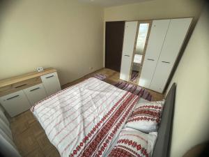 a small bedroom with a bed and a mirror at Apartament Eric in Craiova
