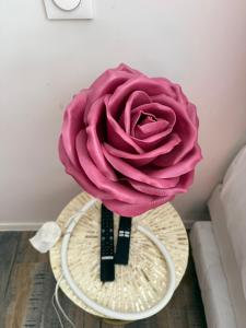 a pink rose in a vase on a table at La Cachette Fleurie in Hésingue