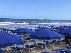 a bunch of blue chairs and umbrellas on a beach at Casa Donatella a Isola in Isola delle Femmine