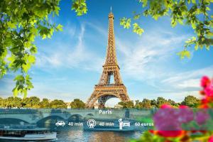 una vista de la torre Eiffel en París en The Avengers House, 7 pers 10 min Disneyland Paris, en Magny-le-Hongre