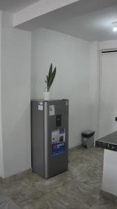 ワヌコにあるDepartamento excelente ubicaciónの室内の冷蔵庫の上に座る植物