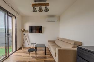 a living room with a couch and a tv at Charmant Studio dans dépendance face à la mer in Serra-di-Ferro