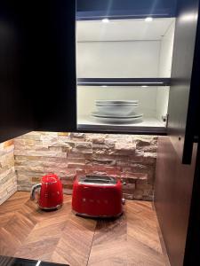 a red toaster sitting inside of a refrigerator at Zermatt Apartment in Zermatt +36 photos