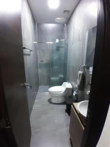 a bathroom with a shower and a toilet and a sink at Suite de 4 camas cerca de UTPL y centro in Loja