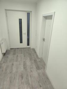 an empty room with two doors and a wooden floor at Studio am Waldrand in Bad Hersfeld