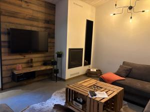 a living room with a couch and a flat screen tv at Le Gîte des Platanes in Spa