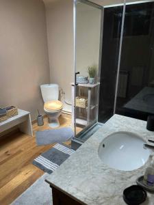 een badkamer met wastafel, douche en toilet bij Relais Ganderats in La Celle-sous-Gouzon