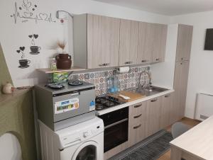a kitchen with a stove and a washer and dryer at A casa di Elena e Francesco in Bernalda