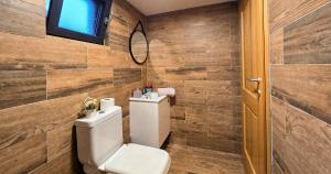 a bathroom with a toilet and a mirror at Lura Agroturizem in Novoberdo