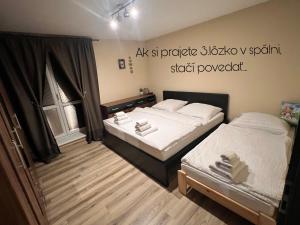 een slaapkamer met twee bedden en een raam bij Frašták apartment in Hlohovec