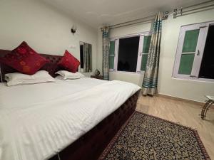 a bedroom with a large bed with red pillows at Hotel Crescent in Srinagar