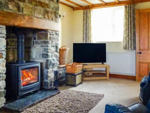 sala de estar con chimenea de piedra y TV en Glan Wye, en Rhayader