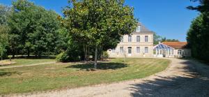 a tree in front of a large house at Suite Majorelle du Château in Gaillan-en-Médoc