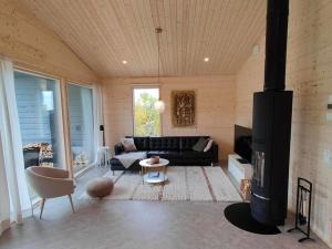 een woonkamer met een bank en een open haard bij Villa Kinoskulma in Kuusamo