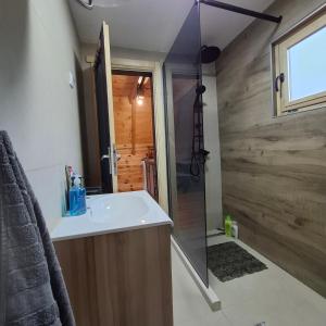 Un baño con ducha y lavabo blanco. en Korijeni, 