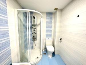 a bathroom with a shower and a toilet at Alice House in Miño +4 photos