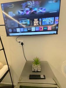 a television on a wall with a keyboard and a plant on a table at Ocean Whisper Room 6 minutes away from the beach in Cape Town