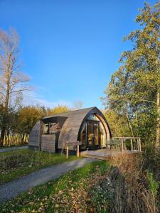 韦斯特吉斯特Tiny House De Spjocht的田野里一座圆顶形建筑，里面有一条长椅。