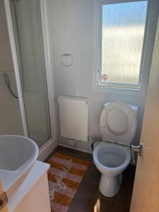 ein Badezimmer mit Toilette und Waschbecken und einem Fenster in der Unterkunft Prachtig chalet op Camping It Wiid in Earnewâld