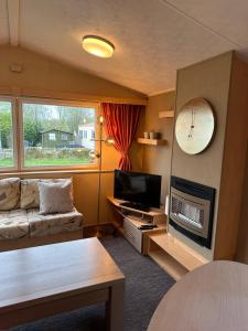 ein Wohnzimmer mit Sofa und Fernseher in der Unterkunft Prachtig chalet op Camping It Wiid in Earnewâld