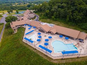 an overhead view of a large swimming pool with umbrellas and chairs at Villa Birdie in Galena