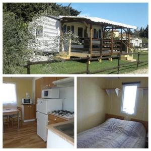 two pictures of a house with a bed and a kitchen at Chalet Proche mer in Latour-Bas-Elne