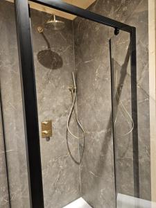a bathroom with a shower with a glass door at Tiny House De Hagekrûper in Westergeest