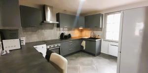 a kitchen with gray cabinets and a stove top oven at Le St Roch - appart 6-8 pers - wifi - centre ville in Issoudun