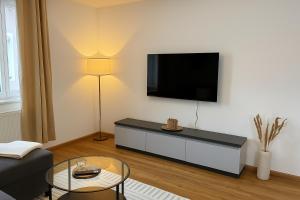 a living room with a flat screen tv on a wall at Allgäu Suites - Innenstadt, Schlafzimmer, Küche, Parkplatz möglich, Dachterrasse in Kempten