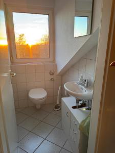 a bathroom with a toilet and a sink and a window at Schöne Wohnung mit Aussicht in Oettingen in Bayern