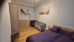 een slaapkamer met een paars bed en een televisie bij Sarantis Apartment in Old Town Gdansk in Gdańsk