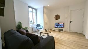 a living room with a couch and a television at Le Nid Auxerrois in Auxerre
