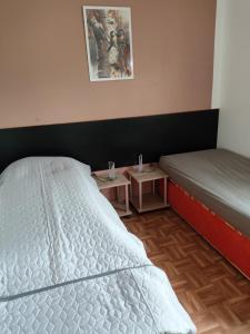 a bedroom with a bed and two tables in it at Fewo Kretsche in Boxberg