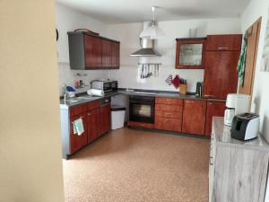 a large kitchen with wooden cabinets and appliances at Fewo Kretsche in Boxberg