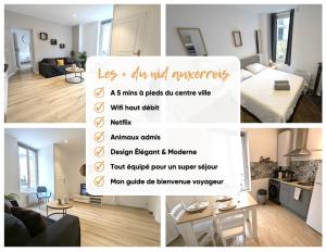 a collage of photos of a bedroom and a living room at Le Nid Auxerrois in Auxerre