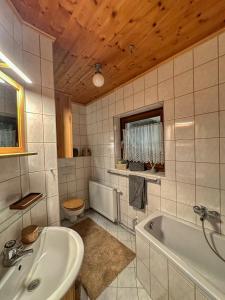 a bathroom with a sink and a tub and a toilet at Sunny apartment Ula, close to Brunnachbahn in Sankt Oswald