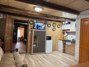 een keuken met een koelkast en een tv aan de muur bij Hiža Bake Veronike in Hrašćina