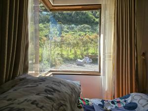 a bedroom with a window with a view of a yard at Finca santa helena in Machetá