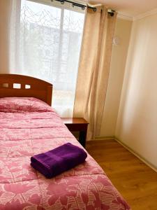 - une chambre avec un lit doté d'une couverture violette et d'une fenêtre dans l'établissement Hermoso depto Céntrico, atención Empresas Facturas, à Chillán