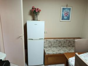a white refrigerator with a vase on top of it at Όμορφο φυσικό περιβάλλον in Filippiada +14 photos
