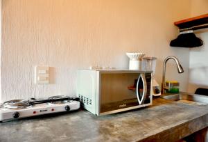 a microwave sitting on top of a kitchen counter at Mini Lofts Ajijic in Ajijic