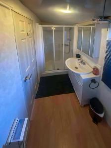 a bathroom with a white sink and a shower at The Wee Sprout in Stranraer +20 photos