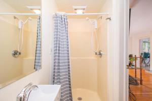 a bathroom with a shower and a sink at Private Riverside Retreat in Appleton