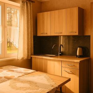 a kitchen with a bed and a table and a sink at Ośrodek Vantur in Księże Młyny