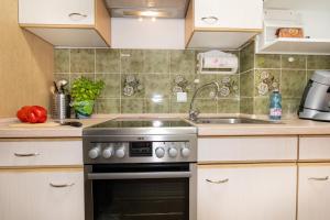 a kitchen with a stove and a sink at Ferienwohnung Nolte Grömitz in Grömitz