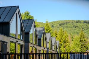 een rij huizen met een zwart dak bij Korbielów 6 in Korbielów