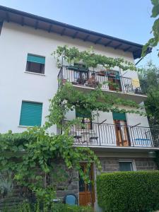 ein weißes Gebäude mit Balkonen und einem Baum in der Unterkunft Casa Martello in Levico Terme