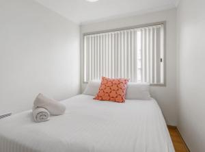 a bedroom with a white bed with a window at 2-Bed Unit with Balcony BBQ & Stunning Lake Views in Belconnen