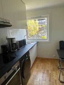 a small kitchen with a sink and a window at Cozy place in Lutvann in Oslo +6 photos