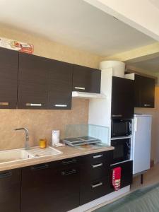 - une cuisine avec des armoires noires et un réfrigérateur blanc dans l'établissement Carols cosy, à Font-Romeu-Odeillo-Via 6 autres photos